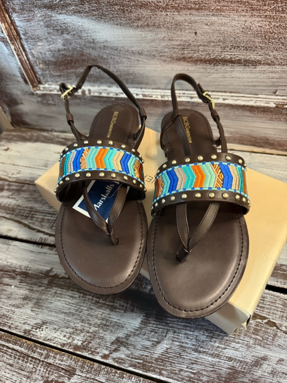 BCBGeneration Brown Leather Beaded Chevron Strap Sandals